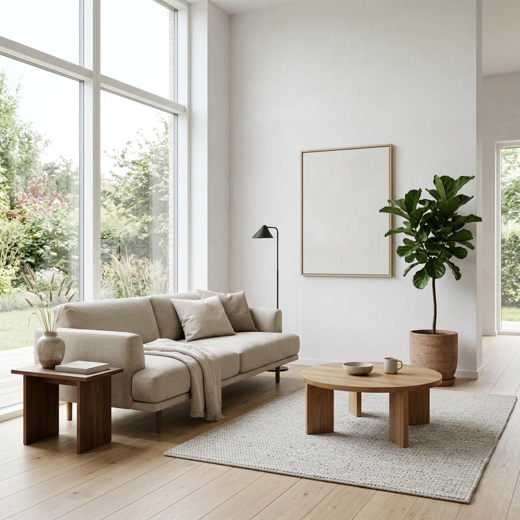 A conceptual visualization of minimalist living. A bright, airy, clean room with minimal but high-quality modern furniture, lots of natural light, neutral colors, plants, peaceful, 8k resolution, photorealistic, cinematic lighting, no text, no people, no women