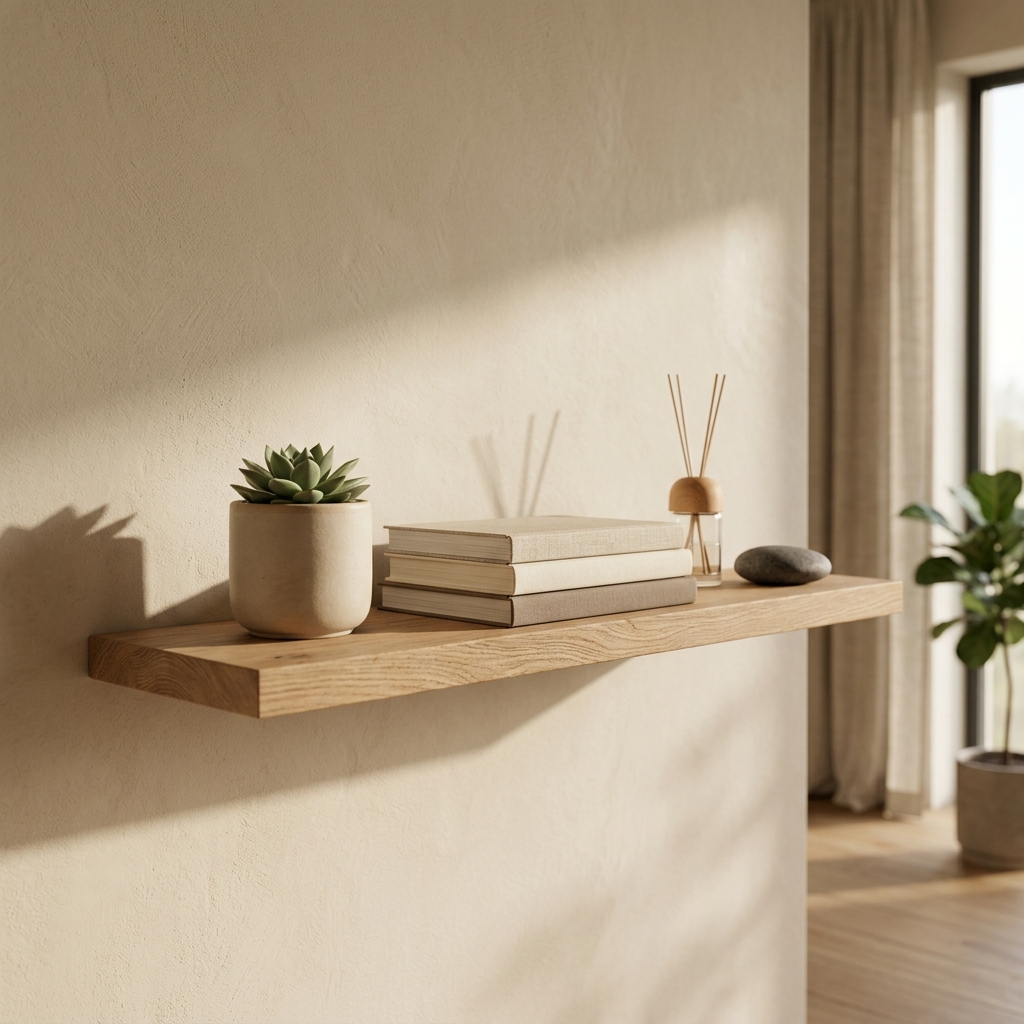 A conceptual visualization of organizing and decluttering. Abstract clean wooden shelves with very few high-quality objects, soft warm sunlight, shadows, zen atmosphere, neutral color palette with warm beige and soft white, 8k resolution, photorealistic, cinematic lighting, no text, no people, no women